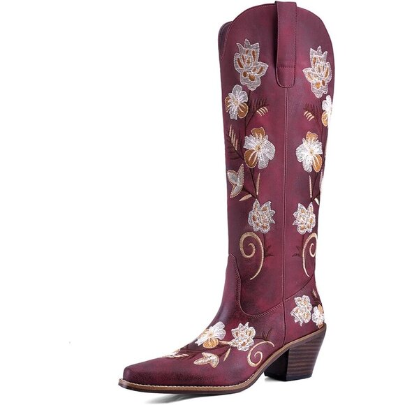 Shoes - Women's Burgundy Cowboy Boots Knee High Floral Embroidered Western Boots Pull On